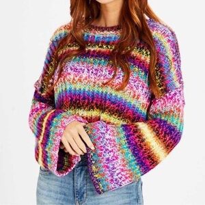 Altar'd State Rainbow Kelsey Cozy Red and Pink Knit Crochet Sweater Size Small